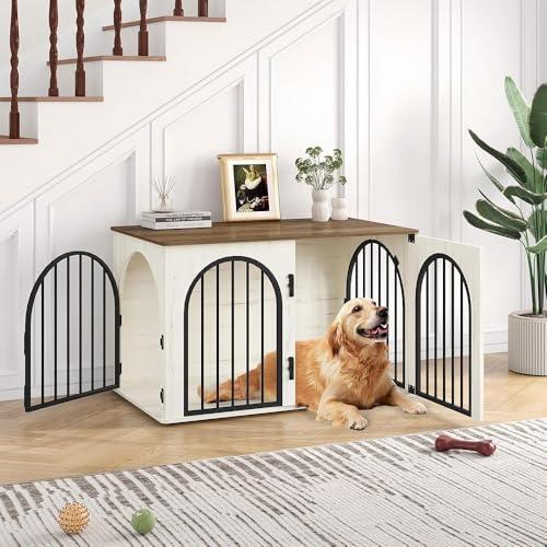 Hzuaneri 100cm Cage pour Chiens, Table d’Appoint, Niche Moderne pour Chiens Intérieur, Cage Chien de Taille Moyenne, Maisonnette pour Animaux, 3 Portes, Porte arquée, 100 x 60 x 63 cm, Blanc et Marron