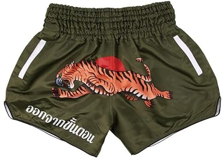 Short de boxe Muay Thai, kickboxing, gym, boxe, MMA, entraînement avec poche, Vert tigre, Large
