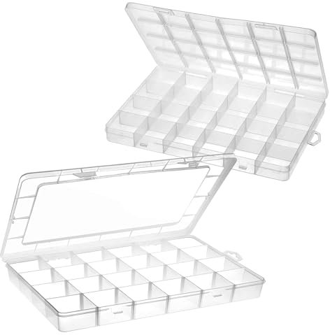 Aufbewahrungsbox,2 Stück 24 Gitter transparente Sortierboxen Sortimentskasten Setzkasten für Lego-Kunststoff Ohrringen Büromaterial Kunsthandwerk Angehen Aufbewahrung Angelköder Box Perlen