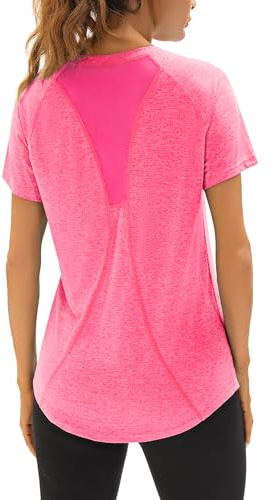 Wayleb Maglietta Sportiva da Donna Tee Scollo a V Maniche Corte T-Shirt Sportive Asciugatura Rapida Magliette Fitness Yoga Palestre Running T Shirt Top, Rosso Rosato S
