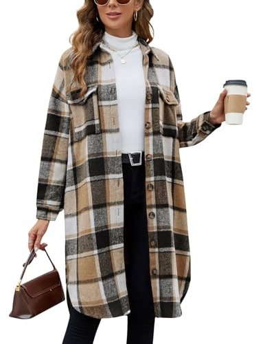 Tuopuda Camicia Scozzese da Donna Giacca Casual Camicia Oversize Flanella Manica Lunga Camicetta Classico Shirt con Bottoni(Cachi,M)