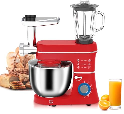 Amasadora eléctrica multifuncional con tazón de 10 L, jarra de 1,5 L, picadora de carne y licuadora para hornear, cocinar y mezclar. Incluye accesorios aptos para lavavajillas.