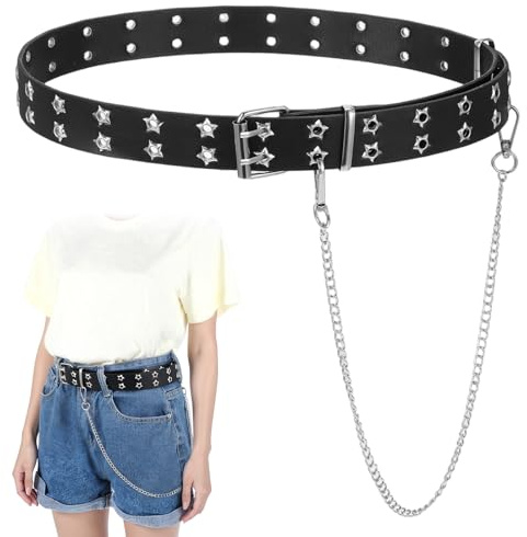 Black Studded Belt, Star Punk Rock Star Studded Leather Belt with Grommet Threads Bright Metal Pyramid for Women Men