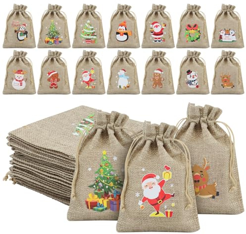 BORISCA 14 Stück Geschenksäckchen Weihnachten, Leinensäckchen Klein 10×14cm Jutesäckchen mit Kordelzug, Säckchen zum Befüllen, 14 Verschiedene Muster, Stoffsäckchen für Weihnachtsgeschenke