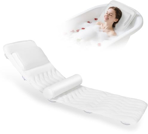 Cojín para Bañera de Cuerpo Entero 123×40 cm para Personas de 160-180 cm de Altura, Alfombrilla para Bañera con Reposacabezas Que Sostiene el Cuello y la Espalda,Agradable para la, Blanco