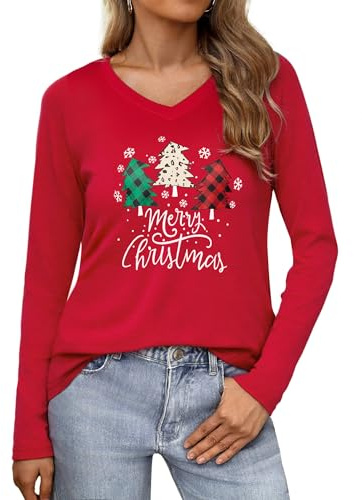 Wayleb Womens Christmas Tops Long Sleeve V Neck Round Neck Stylish Festive Shirts Comfortable Holiday T-Shirts Ladies Xmas Tee Casual Wear UK S-3XL