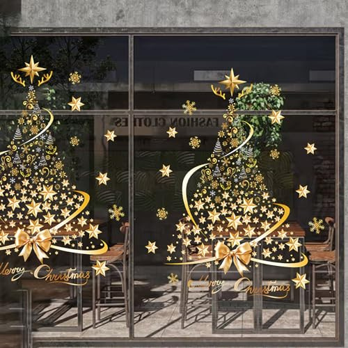 2 Stück Fensterbilder Weihnachten, 48x41 cm Weihnachten Türaufkleber Deko, Goldene Weihnachtsbaum Fensteraufkleber, Wiederverwendbare Fensterdekoration für Weihnachtszeit