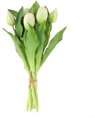 Tidevib Künstlicher Tulpenstrauß mit 7 lebensechten PU-Tulpen, fühlt sich echt an, Blumenarrangement für Hochzeit, Party, Zuhause und Urlaub Dekorationen (weiß)