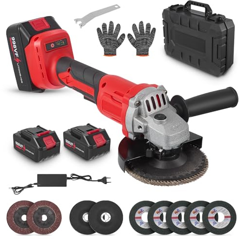 Haedswer Amoladora Angular a Batería, 21V Angular inalámbrica con 2x Baterías 3.0 Ah, Motor sin Escobillas 13500RPM, 900W Amoladora inalámbrica de con discos para cortar