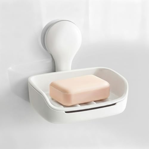PAVSTINE Jabonera sin Taladro para Baño con Agujeros de Drenaje, Bandeja de Jabón con Ventosa, Soporte de Jabón, Soap Holder Pared, Soporte para Esponja de Jabón para Ducha y Cocina, Blanco