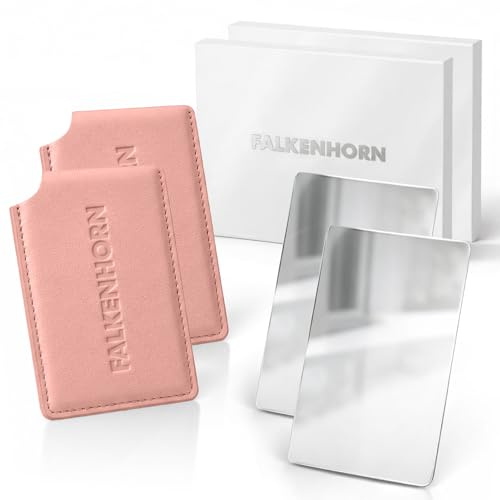 Falkenhorn Handspiegel klein inkl. Schutzhülle – Taschenspiegel aus Edelstahl im Kreditkartenformat, Kosmetikspiegel/Schminkspiegel für Handtasche & Reise, 8,5 x 5,5 cm - Rosa 2er