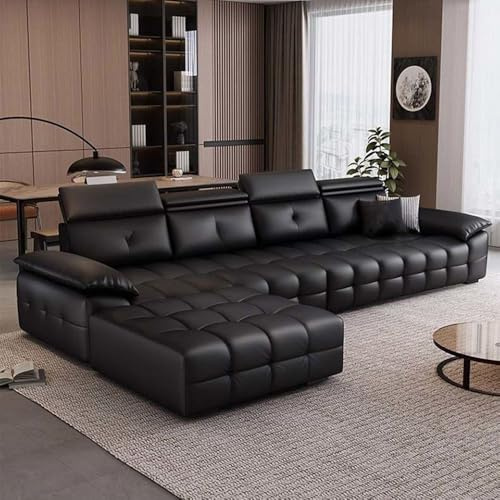 Italiensk lyxig enkel svart lädersoffa, massiv träram, rymlig och mjuk soffa, modern stor storlek, lämplig för vardagsrum/kontor/lägenhet.