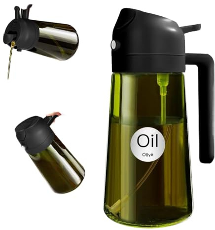 Oliera Spray 2 in 1 470 ml, Spruzzatore Olio e Bottiglia Dosatrice in Vetro Antigoccia, Nebulizzatore per Olio da Cucina, Insalate, BBQ, Air Fryer, Aceto e Condimenti, Contenitore Riutilizzabile