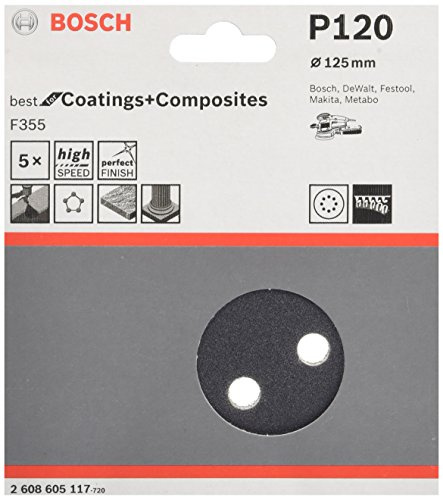 Bosch PRO F355 Schleifblatt, 125 mm, 120, 5-tlg. | für Beton, Harter Stein, Körnung 120, Professional Zubehör Exzenterschleifer