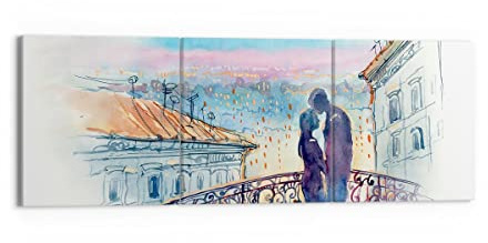 Deco Cadre Décoration Salon Couple Amour Ville Pont Moderne Impression sur Toile 150x50cm Image Tableau Decoration Murale Chambre Triptyque 3 parties Art Wall Tableaux Decoratifs Muraux CA150x50-2998