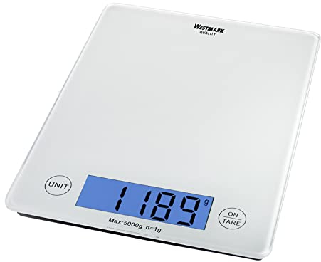 Westmark Digitale Küchenwaage mit Tara-Funktion, Wiegebereich bis 5 Kg, Glas-Wiegefläche, 23 x 18 x 1,8, Milchglas, Elegance, Weiß/Transparent, 30332260