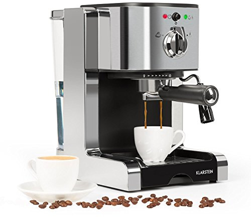 Klarstein Passionata Espressomaschine - 1,25 Liter Siebträgermaschine, Siebträger Kaffeemaschine mit automatischem Druckablass, inkl. Milchschaum Düse für Zubereitung von Cappuccino, 15 Bar, silber
