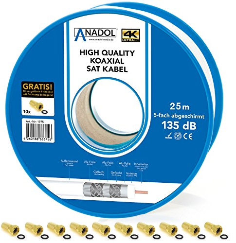 [TEST SEHR GUT *] Anadol 25m Brandschutz Koaxialkabel 135dB, 5fach geschirmt, 7mm, Koaxial Satkabel, Antennenkabel, Fernsehkabel, Coax Sattelittenkabel, TV Sat Koax Kabel, 10 F-Stecker gratis