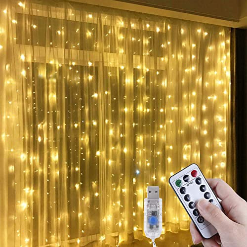 Anpro Cortina de Luces 3x3M 300 LED, Cortina Luces Navidad Christmas Decorations, 8 Modos, Blanca Cálida para Navidad,Decoracion Exteriores