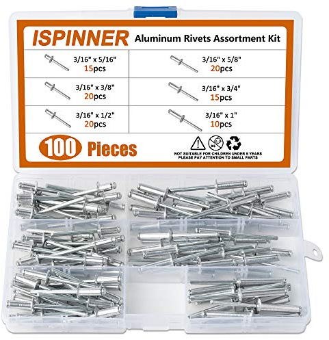 ISPINNER 100pcs 6 Sizes Aluminum Blind Rivets, Pop Rivets Assortment Kit 3/16 x (5/16 3/8 1/2 5/8 3/4 1)(Silver)