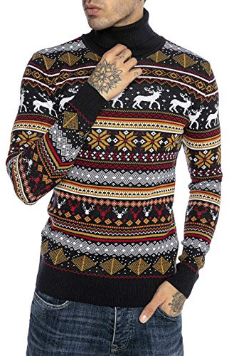 RED BRIDGE Maglione da Uomo Stile Norvegese Pullover con Collo Alto in Cotone Slim Fit Blu XL