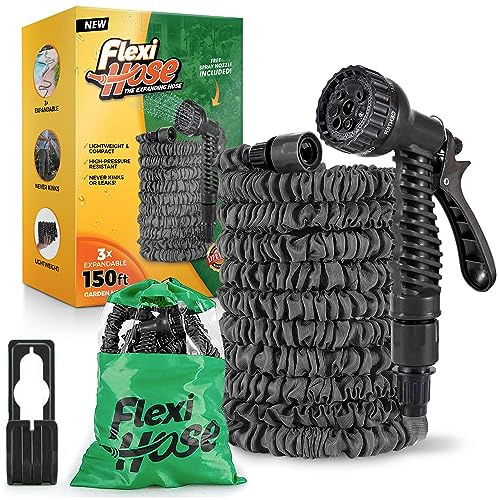 Flexi Hose Expandable Garden Hose - 150FT Heavy Duty Water Hose, Retractable Hose with 3/4-Inch Fittings - Expandable Hose Design & Spray Nozzle Included - Black, 45 Metres
