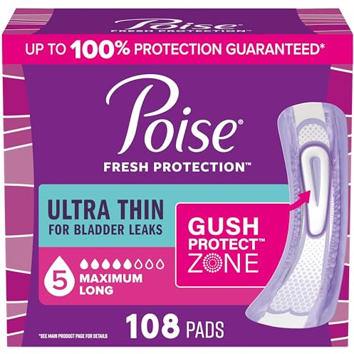 Poise Ultra Thin Incontinence Pads & Postpartum Pads for Bladder Leaks, 5 Drop Maximum Absorbency, Long Length, 108 Count, Packaging May Vary