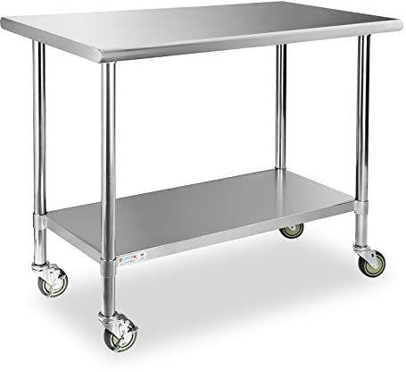 STABLEINK NSF Stainless Steel Table with Wheels 48x24 Inches 4ft, Metal Prep & Work Table with Adjustable Undershelf, for Commercial Kitchen, Restaurant, Hotel, Laundry and Garage