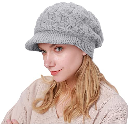 CheChury Damen Wollmütze Wintermütze Warme Strickmütze Frauen Kaschmir Mütze mit Schirm Barett Grobstrick Baskenmütze Winter Strickmütze Fleece,Grau
