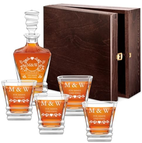 Maverton 800 ml Whiskey Karaffe + 2/4 / 6 Whiskygläser mit Gravur - Whisky Dekanter mit luxuriösem Design - Kristallglas für Paar zur Hochzeit - zum Hochzeitstag - zu Weihnachten - Herz