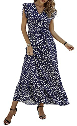 Awemeal Damen Sommerkleid Elegant V-Ausschnitt Maxikleid Drucken Boho Sommer Lang Kleid Flügelärmel Rüsche Strandkleid