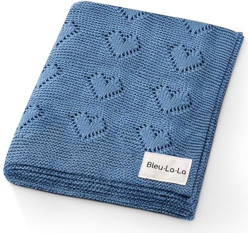 Bleu La La Coperta per Fasciatoio per Neonati Lavorata a Maglia in 100% Cotone di Lusso - Coperta Morbida e Accogliente per Passeggino per Culla Unisex per Neonati e Ragazze (Blu Denim)