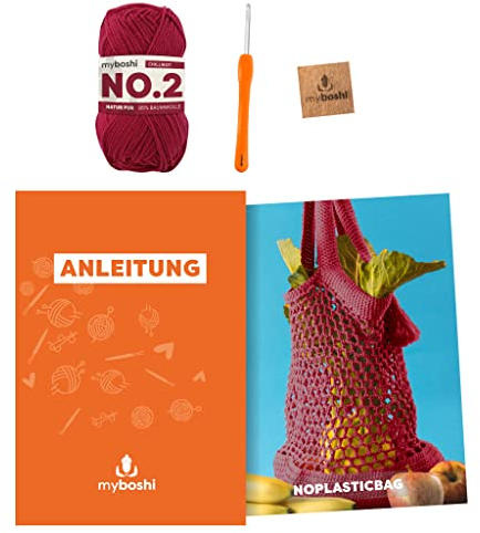 myboshi Häkelset Einkaufstasche noplasticbag, inkl. No.2 Wolle, Nadel und Anleitung, Häkelpaket, 85% Baumwolle, 15% Kapok Chillirot mit Häkelnadel