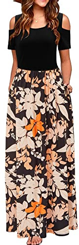 STYLEWORD Maxi Vestido de Verano con Hombros Descubiertos para Mujer Manga Corta Estampado Floral Elegante Vestido Maxi con Bolsillos(floral37-298,M)