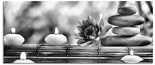 Pixxprint Glasbild Panorama, Wandbild aus Echtglas, Seerose mit Zen Steinen im Tempel, 120x50 cm, inkl. Aufhängung und Abstandshalter