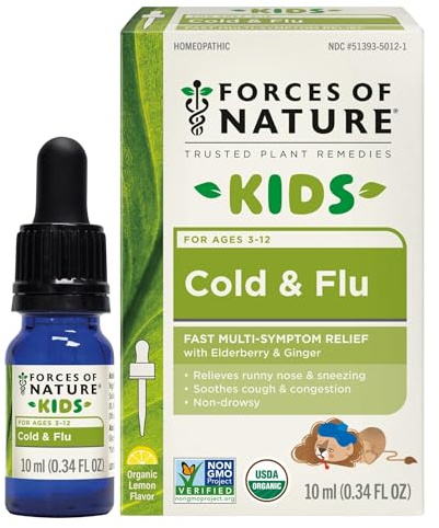 Forces of Nature Kids Cold and Cough Relief, Organic Homeopathic Medicine for Cough, Sore Throat, Congestion, Runny Nose, Non-Drowsy Immune Support Formula for Children, 0.34 Fl Oz