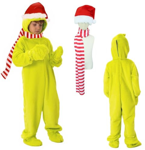 Claofoc 5 teiliges Grinch Kapuzenkostüm Kinder Einteiler Pyjama Weihnachts Overall Outfit mit Schuhen Handschuhen Weihnachtsmütze Rot Weiß Gestreifter Schal Unisex (M)