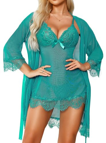 RSLOVE Intimo sexy da donna con babydoll in pizzo e accappatoio da notte, camicia da notte, biancheria intima, Blu/verde, M