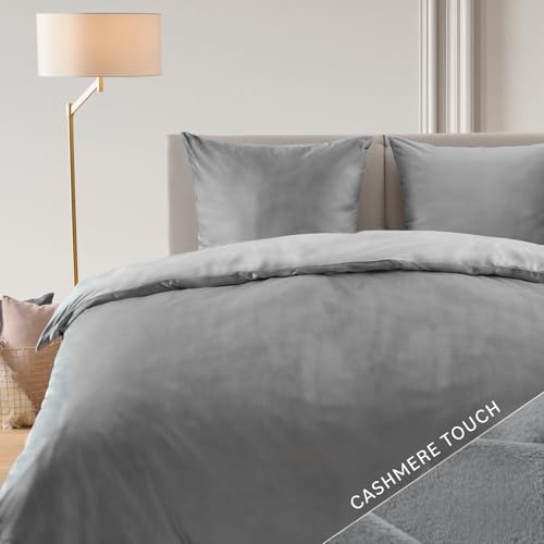 Blumtal Winterbettwäsche 140x200 cm Cashmere-Touch Plüsch – Flauschiges Mikrofaser-Set, Oeko-TEX Zertifiziert, 1 Deckenbezug + 2 Kissenbezüge 80x80 cm – Grau