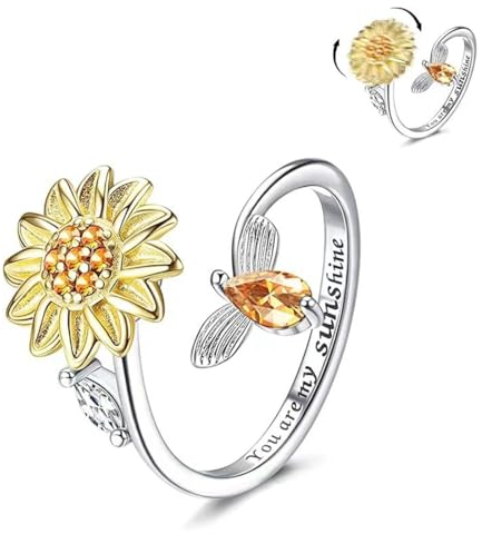 Silber Anxiety Ringe für Damen Sonnenblume Fidget Ring Achtsamkeitsring Angst Ring Spinner Ringe Verstellbare Offene Anti Stress Ring für Damen