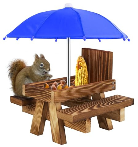 Sonhomay Eichhörnchen Futterstation für den Außenbereich, Holz, Eichhörnchen, Futterstation mit Regenschirm, für Garten, Hof, Baum