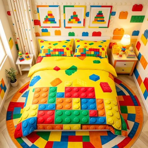 Loussiesd Set di biancheria da letto con stampa a mattoncini, matrimoniale, set copripiumino per bambini, per ragazzi, adolescenti, colorato, traspirante, gaming, giallo, decorazione della stanza
