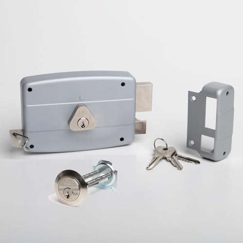CISA - Serratura per Porte in Legno da Applicare 15042050195 - Serratura in Acciaio Verniciato Grigio con Cilindro e Tirante nichelati - Serratura Cancello Esterno Entrata 50 - Mano Destra Applicare