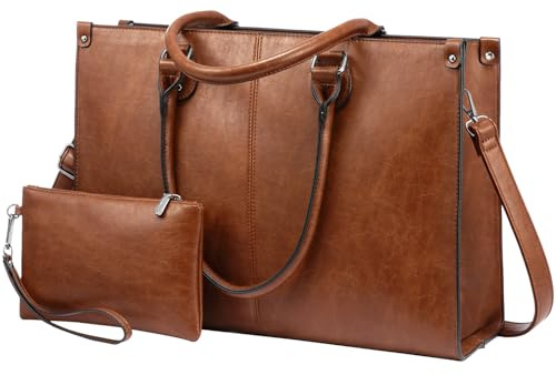 LOVEVOOK Laptop Bags for Women,15.6 Inch PU Leather Tote Bag with Wristlet Pouch, Retro Ladies Handbag Shoulder Bag Briefcase for Work School Office Business,Brown