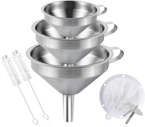 Gucass Juego de 7 Embudos de Acero Inoxidable, Set Embudo de Cocina con Mango, 2 Cepillo de Limpieza, Colador y Filtro de Malla 200, para Transferir Líquidos Aceite Jugos y Mermeladas, 5.7/11/13 cm