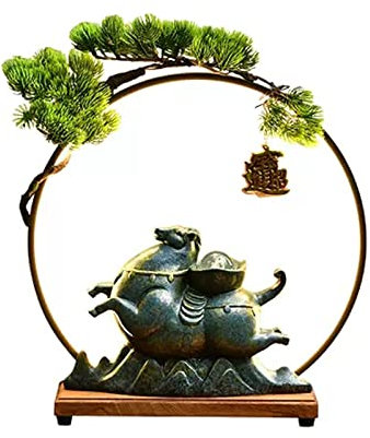 Tabletop Fountain Ceramic Tabletop Fountain Waterfall Fountains Indoor Decoration Fountain Feng Shui Wealth Decor Desktop Ornaments with Round LED Lights and Fake Tree Decor Indoor Fountain