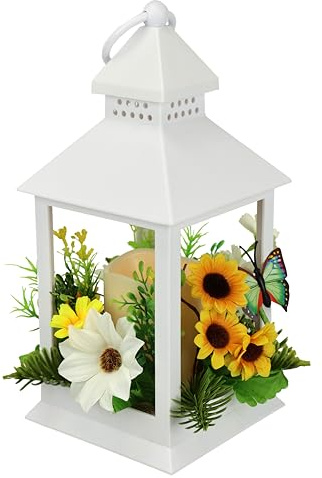 Laterne mit LED Kerze Kunstblume Sonnenblume Schmetterling Kerzenleuchter Kerzenhalter Kerzenlaterne Laterne Windlicht Gartenwindlicht Gartenlaterne Stumpenkerze Stimmungslicht warmweiß Deko