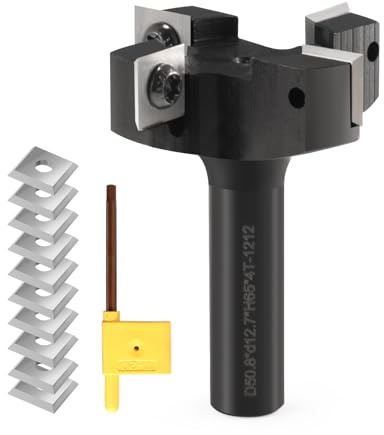 Fraise à défoncer pour spoilboard CNC, tige de 1,27 cm, diamètre de coupe de 5,1 cm, fraise à raboter en carbure à 4 ailes avec 10 inserts indexables (12 x 12 x 1,5 mm, 35°)