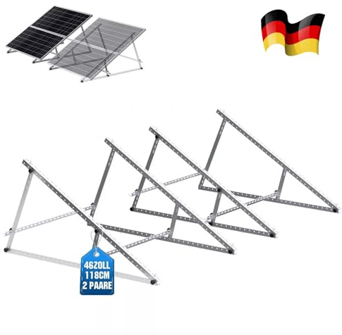 GLIESE - Set di 2 supporti per impianto elettrico da balcone, 118 cm, supporto per pannello solare rinforzato con angolo di inclinazione regolabile 0-90°, per moduli da 100 W-600 W su tetto piatto e