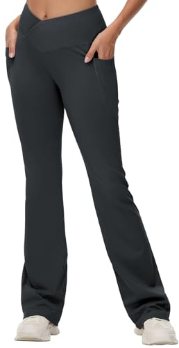 BALEAF Utsvängda damleggings med fickor yogabyxor hög midja träning bootcut byxor, Grå-34 tum, XXL